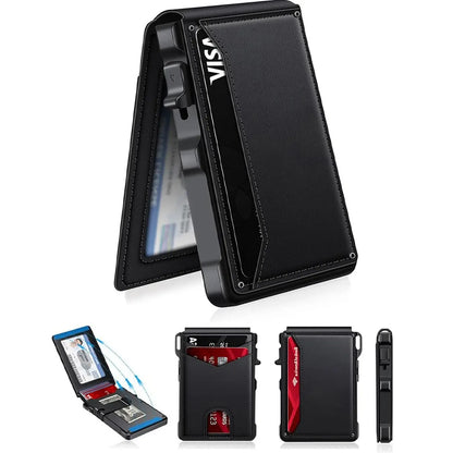 Ultra-Slim RFID-Blocking Genuine Leather Minimalist Wallet with Smart Money Clip